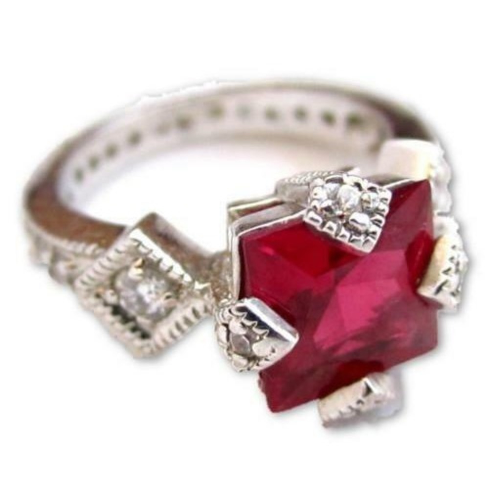 Stunning Art‎ Deco Style Princess Cut Red Ruby Sterling Silver 925 Ring Size